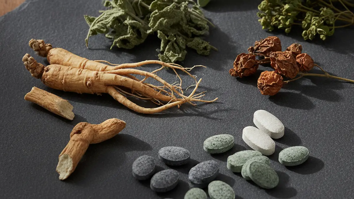 Raiz de ginseng, ervas secas e comprimidos minerais sobre ardósia escura