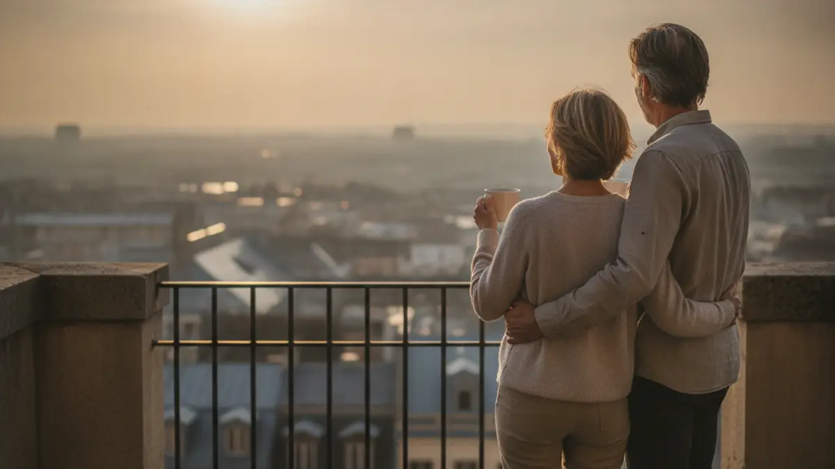 Casal na varanda ao nascer do sol, de costas, com chávenas de café