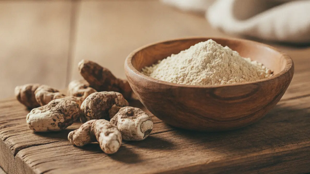 Raiz de maca seca e uma taça de maca em pó sobre tábua de madeira