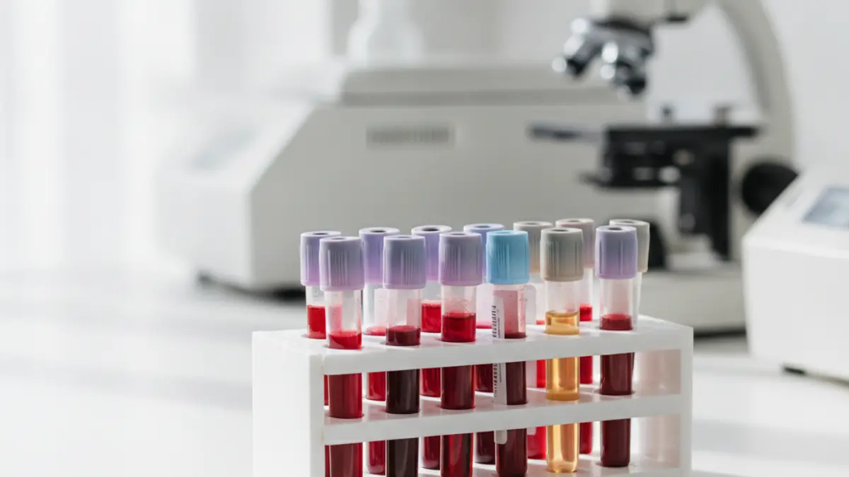 Tubos de recolha de sangue num suporte, em bancada de laboratório
