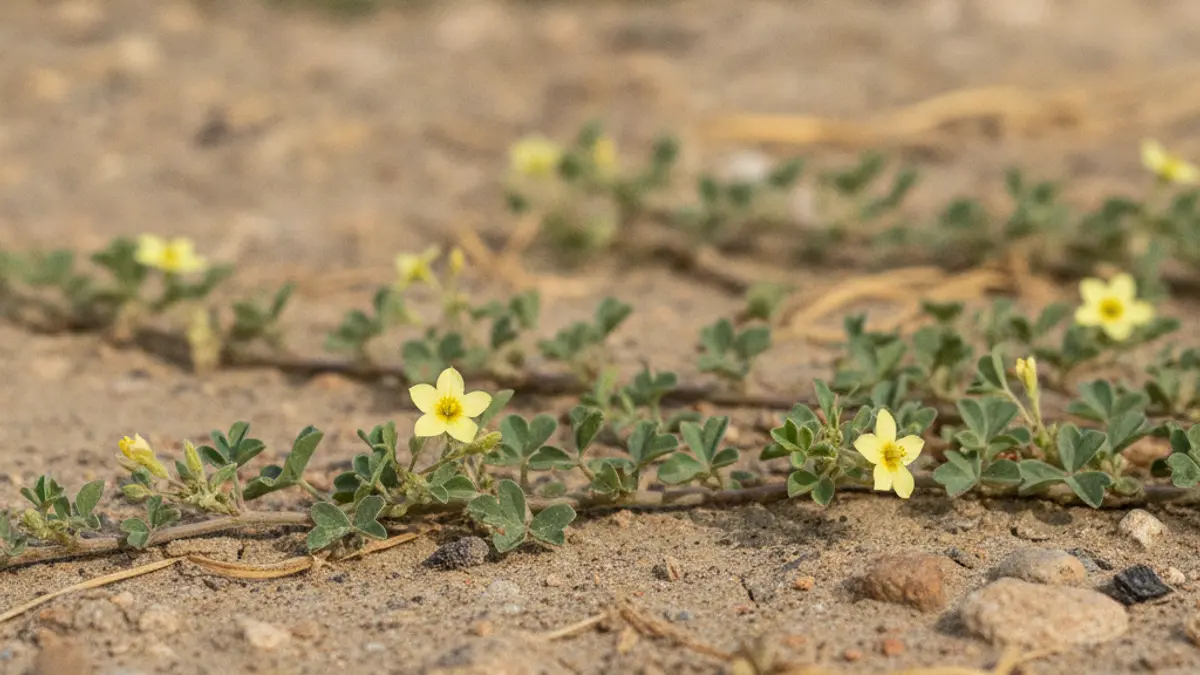 Planta Tribulus terrestris com pequenas flores amarelas em solo arenoso