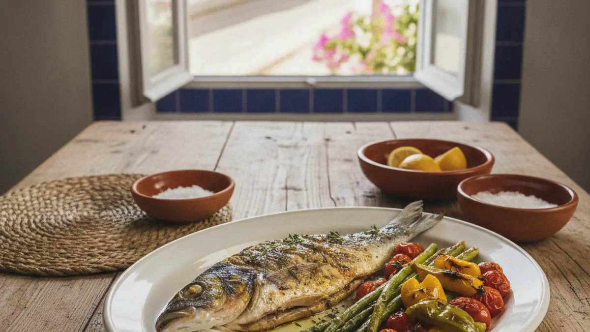 Prato de peixe grelhado com legumes e azeite, à mesa