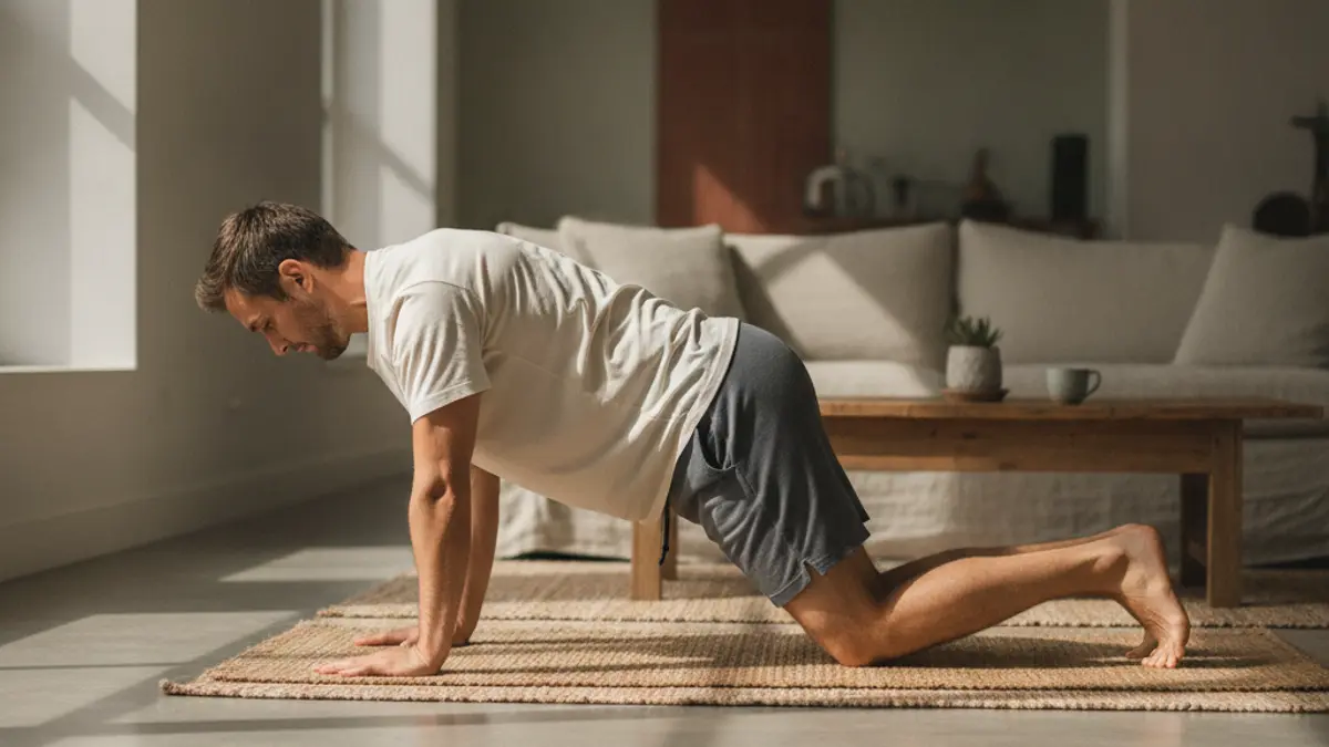 Homem a fazer exercícios no chão, sobre um tapete, na sala