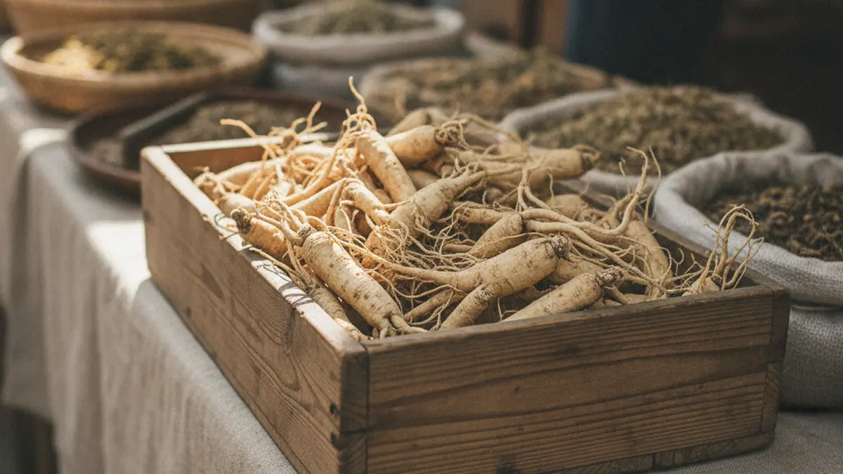 Raízes de ginseng secas numa caixa de madeira, num mercado de ervas
