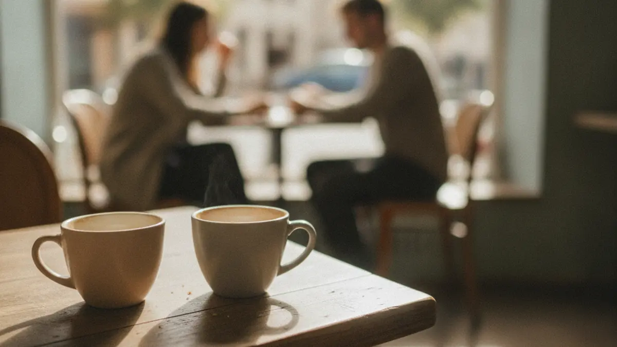 Duas chávenas de café numa mesa junto à janela