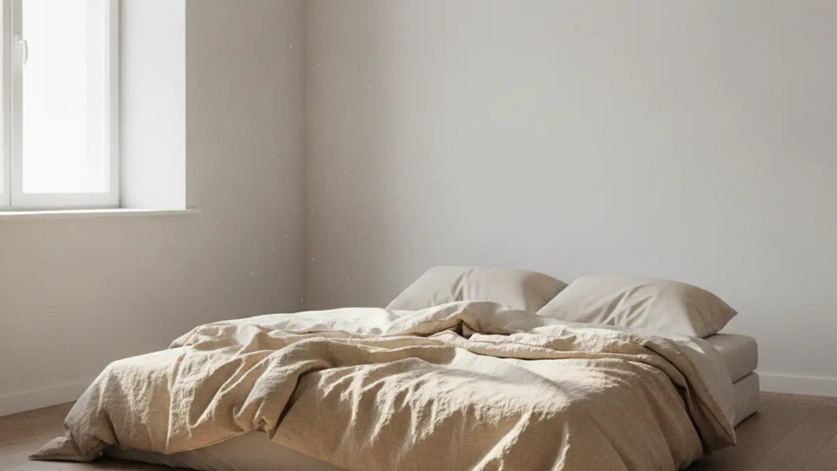 Cama desfeita com luz suave da manhã, quarto vazio