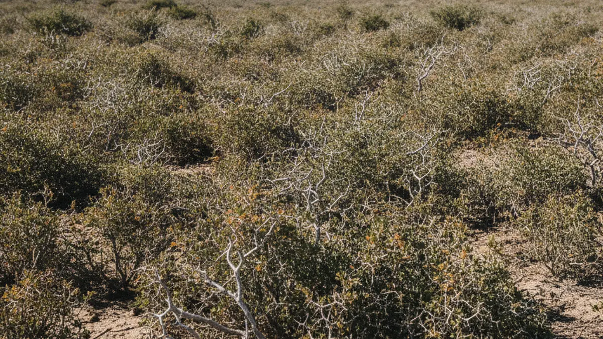Terreno seco com plantas rasteiras espinhosas, sob sol forte